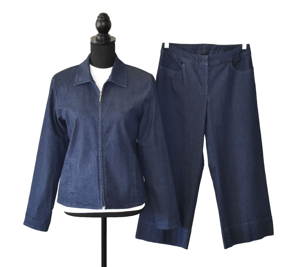 B2 NWT EILEEN FISHER Indigo Denim Clam Diggers W/Yoke Jacket & Pants Set Size XS